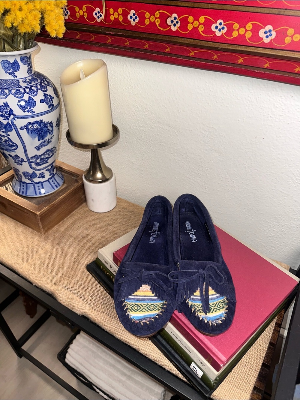 Minnetonka Navy Suede Moccasins with Colorful Embroidered Toe